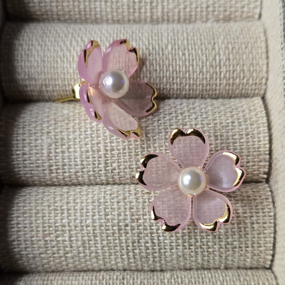 Baby Pink and Gold Floral Earrings